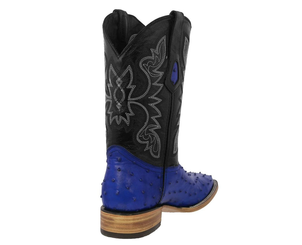 Blue Ostrich Quill Print Leather Square Toe Cowboy Boots H4559