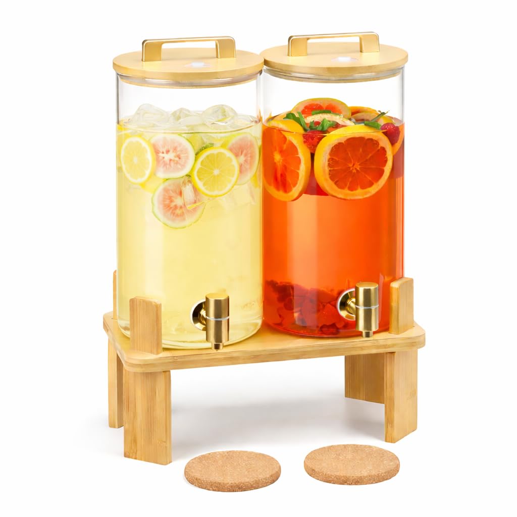 1.5 Gallon Glass Drink Dispenser with Wooden Stand I770625
