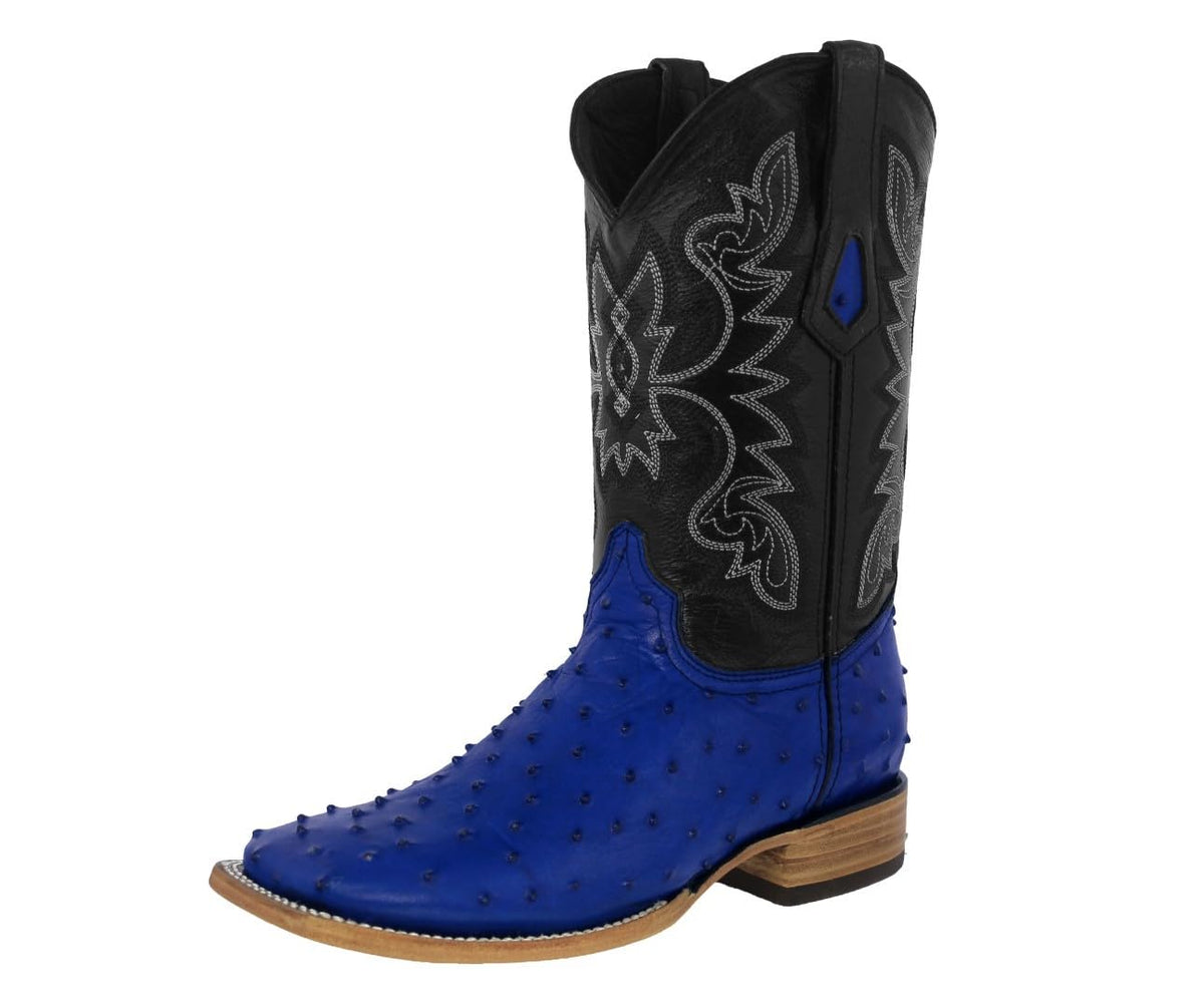 Blue Ostrich Quill Print Leather Square Toe Cowboy Boots H4559