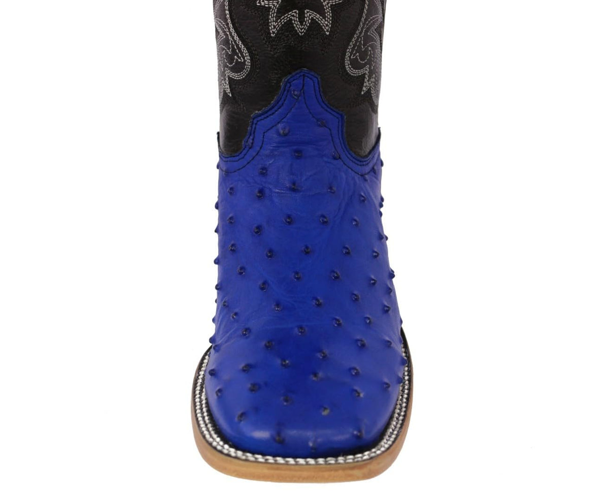 Blue Ostrich Quill Print Leather Square Toe Cowboy Boots H4559