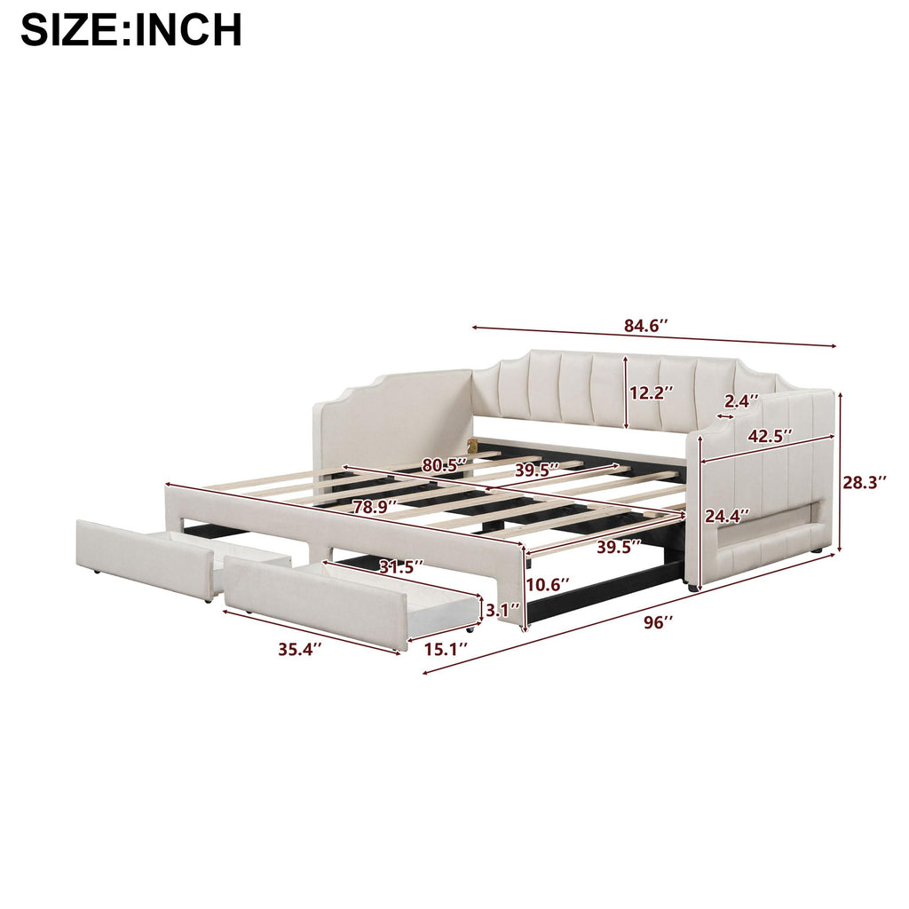 Twin XL to King Size Upholstered Daybed with Trundle and 2 Storage Drawers M223