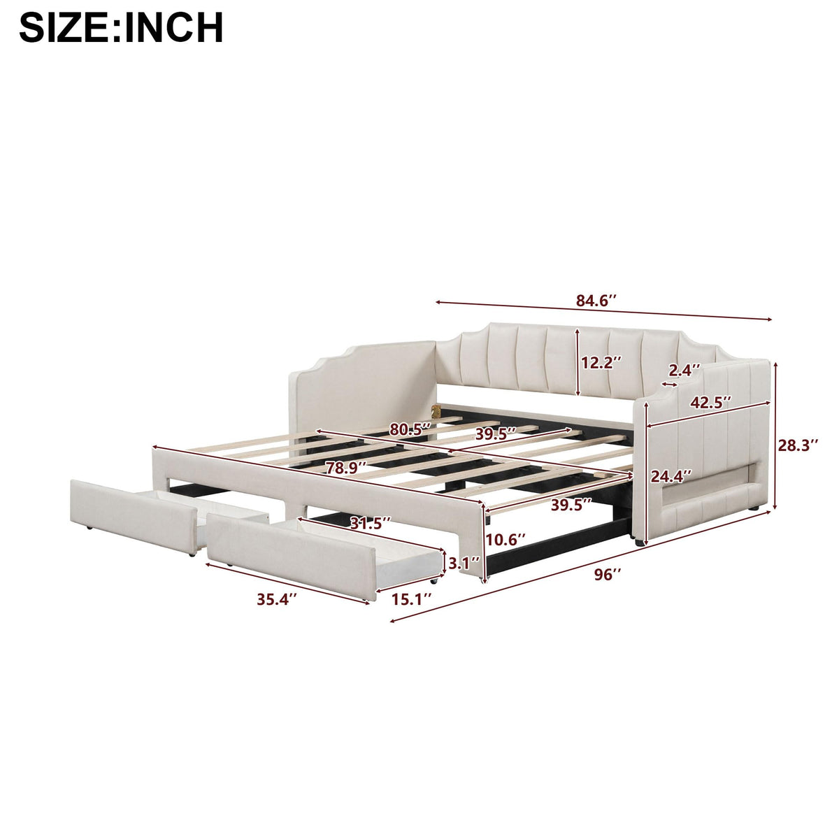 Twin XL to King Size Upholstered Daybed with Trundle and 2 Storage Drawers M223