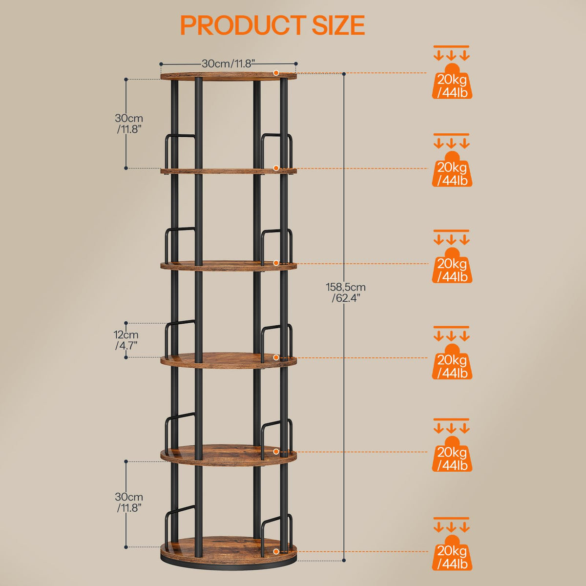 5-Tier Rotating Bookshelf, 360° Spinning Bookcase, Rustic Brown H605977