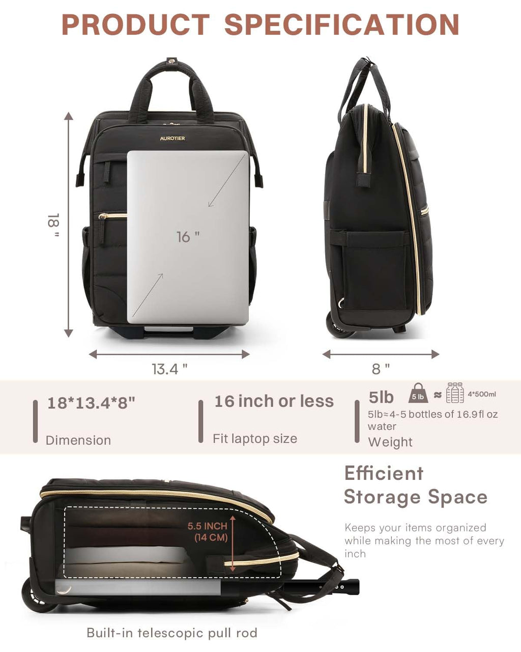 Black Rolling Puffer Backpack with Wheels Z792