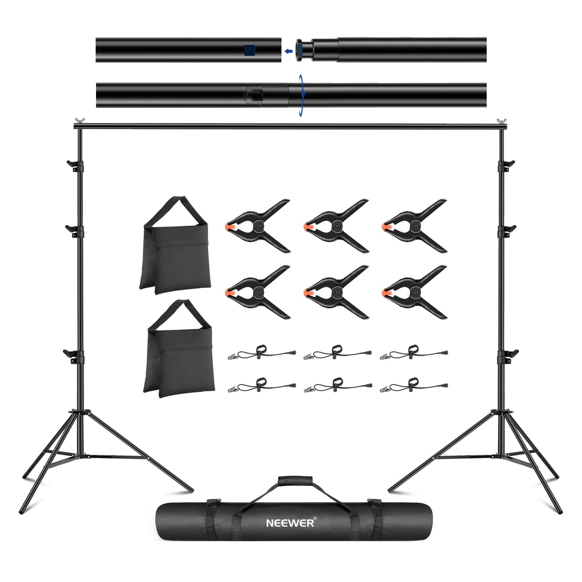 Adjustable Backdrop Stand Kit with 4 Crossbars, 6 Spring Clamps, 6 Backdrop Clips, 2 Sandbags, and Carrying Bag Y662390