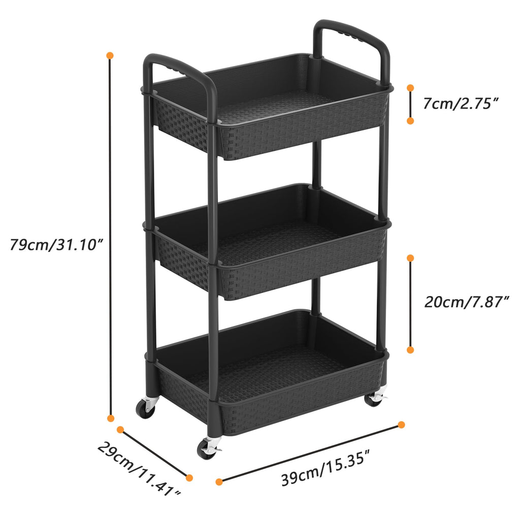 3-Tier Plastic Rolling Utility Cart with Handle K8404