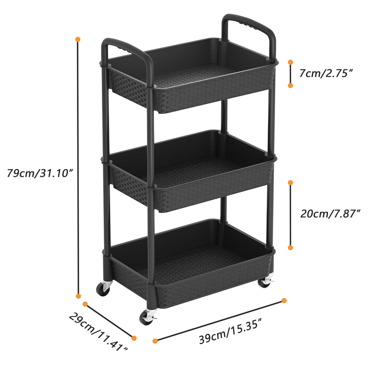 3-Tier Plastic Rolling Utility Cart with Handle K8404