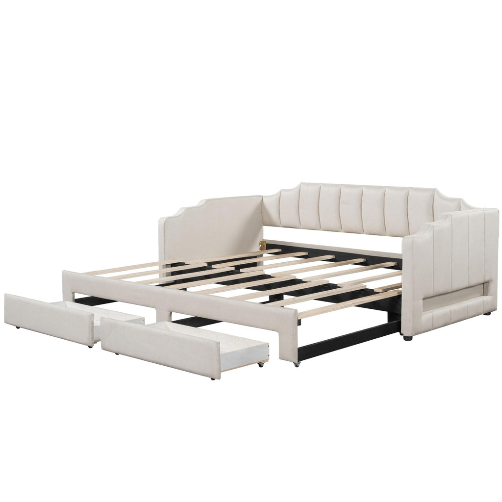 Twin XL to King Size Upholstered Daybed with Trundle and 2 Storage Drawers M223