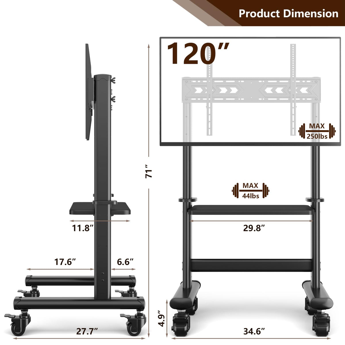 Mobile TV Cart Rolling TV Stand with Wheels for 55-120" TVs V25828