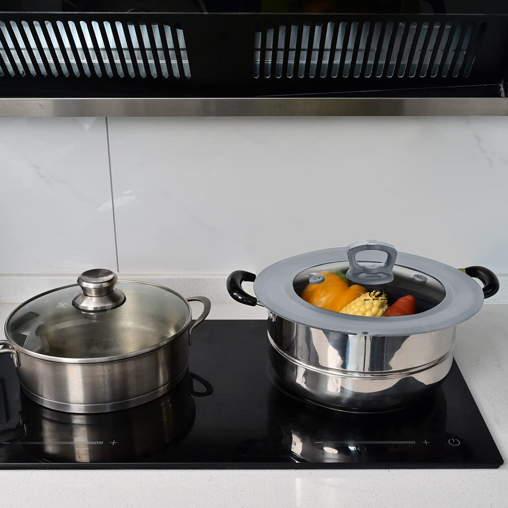 Set of 2 Vented Tempered Glass Universal Lid with Silicone, Light Grey T654