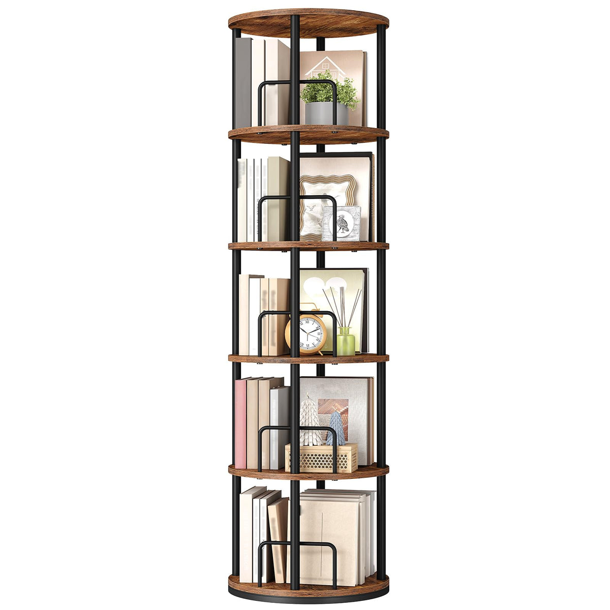 5-Tier Rotating Bookshelf, 360° Spinning Bookcase, Rustic Brown H605977