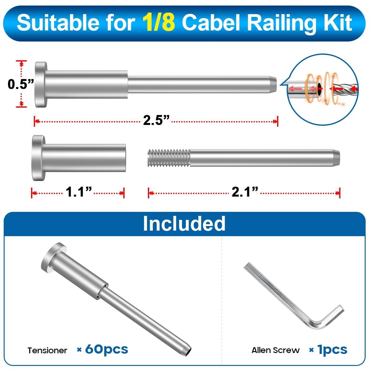 60 Pack T316 Stainless Steel 1/8" Cable Railing Kit N546