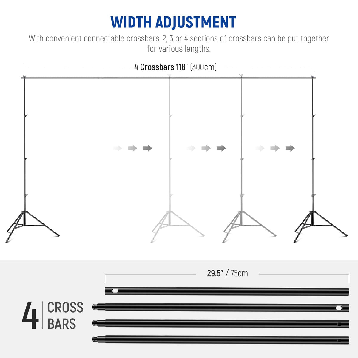 Adjustable Backdrop Stand Kit with 4 Crossbars, 6 Spring Clamps, 6 Backdrop Clips, 2 Sandbags, and Carrying Bag Y662390