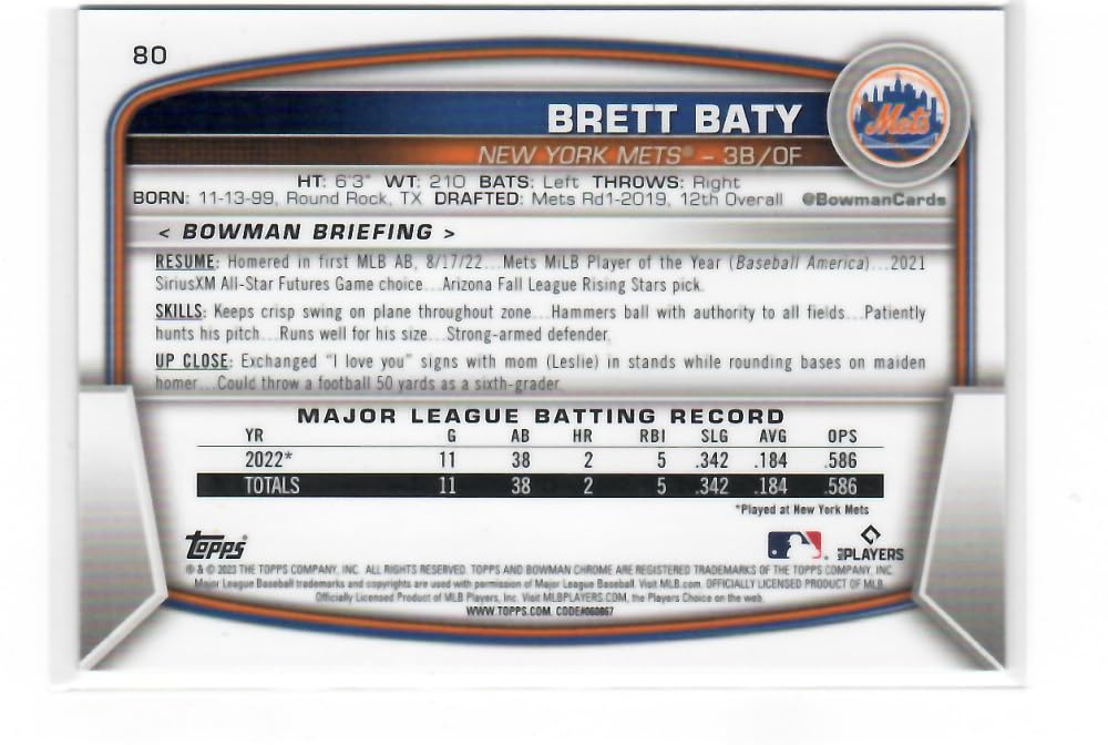 Bowman Chrome Mega Box Mojo Refractor Purple #80 Brett Baty RC Rookie Card /250 New York Mets Baseball NM-MT X7702