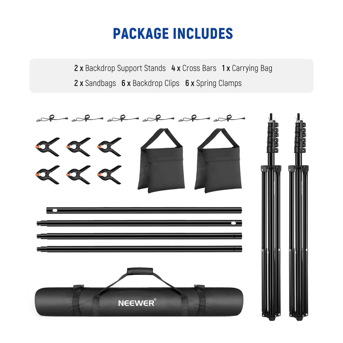 Adjustable Backdrop Stand Kit with 4 Crossbars, 6 Spring Clamps, 6 Backdrop Clips, 2 Sandbags, and Carrying Bag Y662390