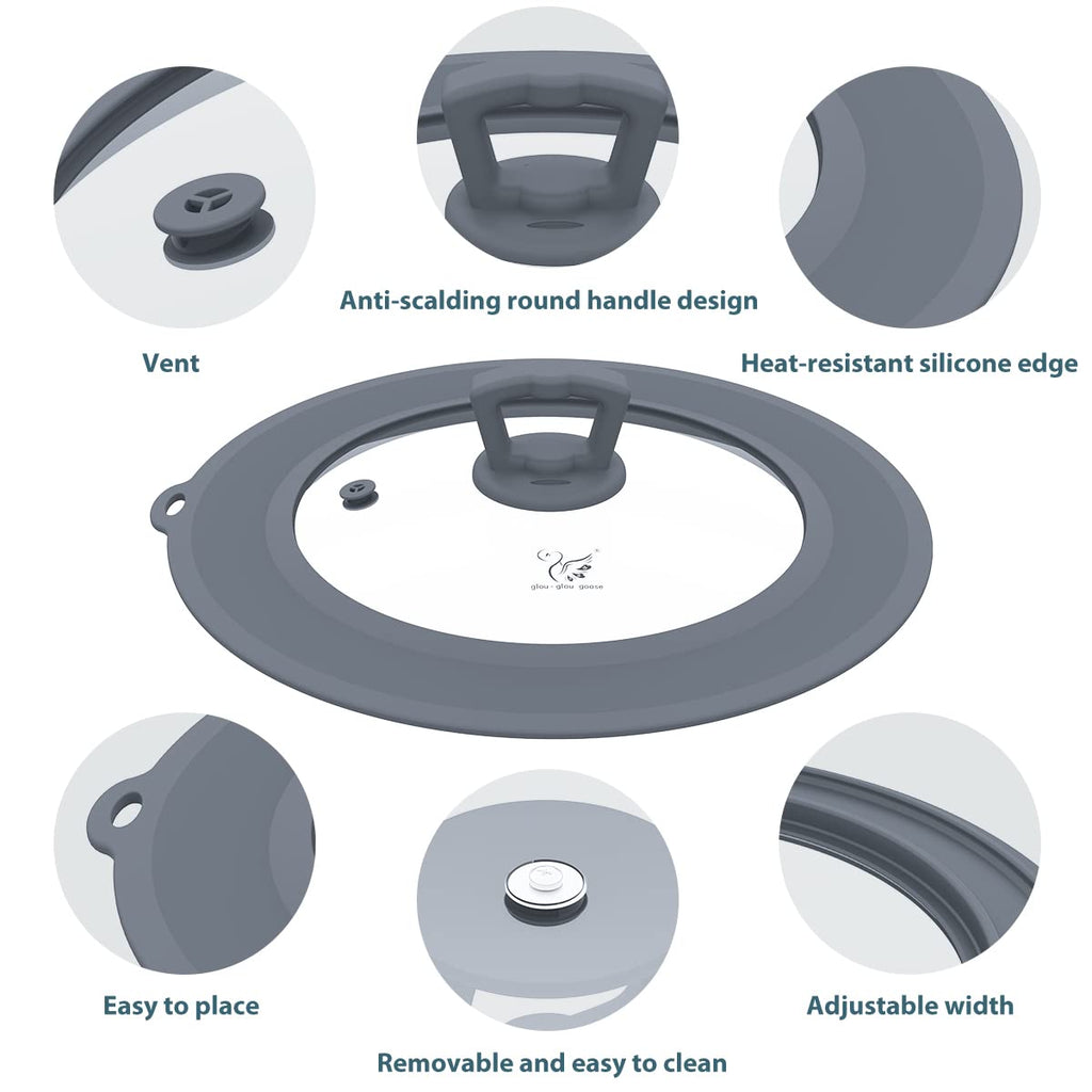 Set of 2 Vented Tempered Glass Universal Lid with Silicone, Light Grey T654