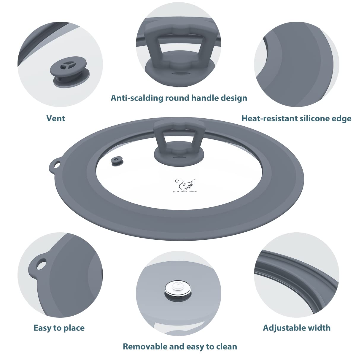 Set of 2 Vented Tempered Glass Universal Lid with Silicone, Light Grey T654