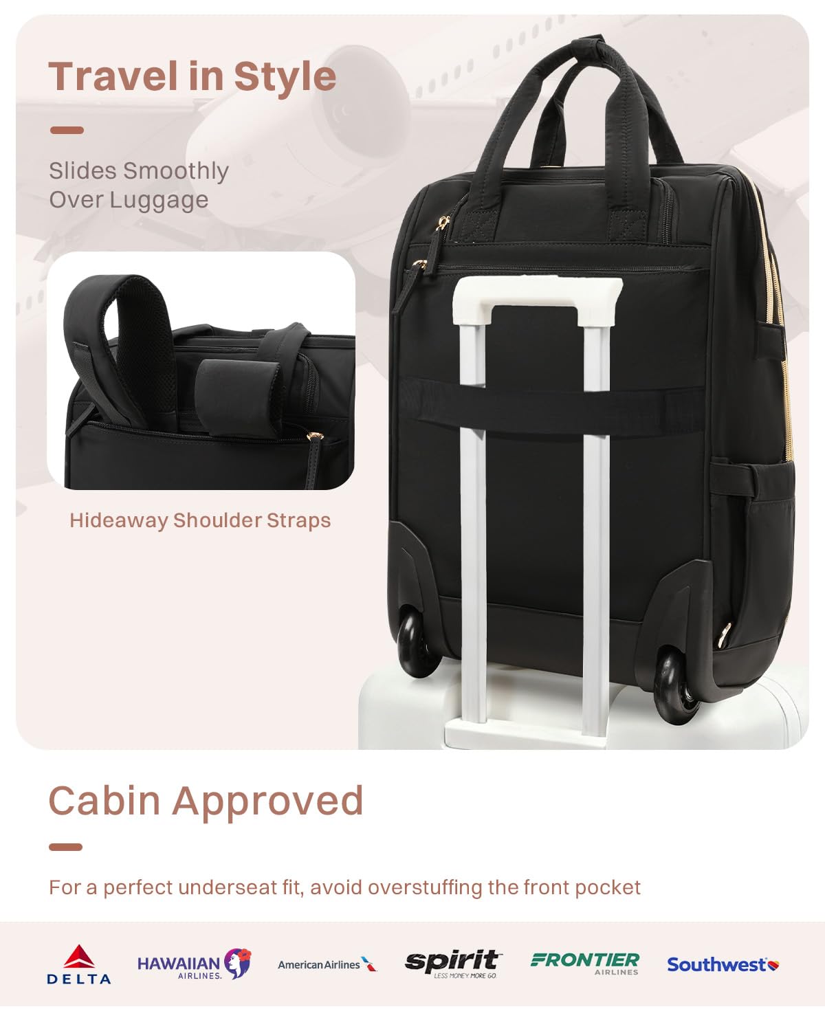Black Rolling Puffer Backpack with Wheels Z792