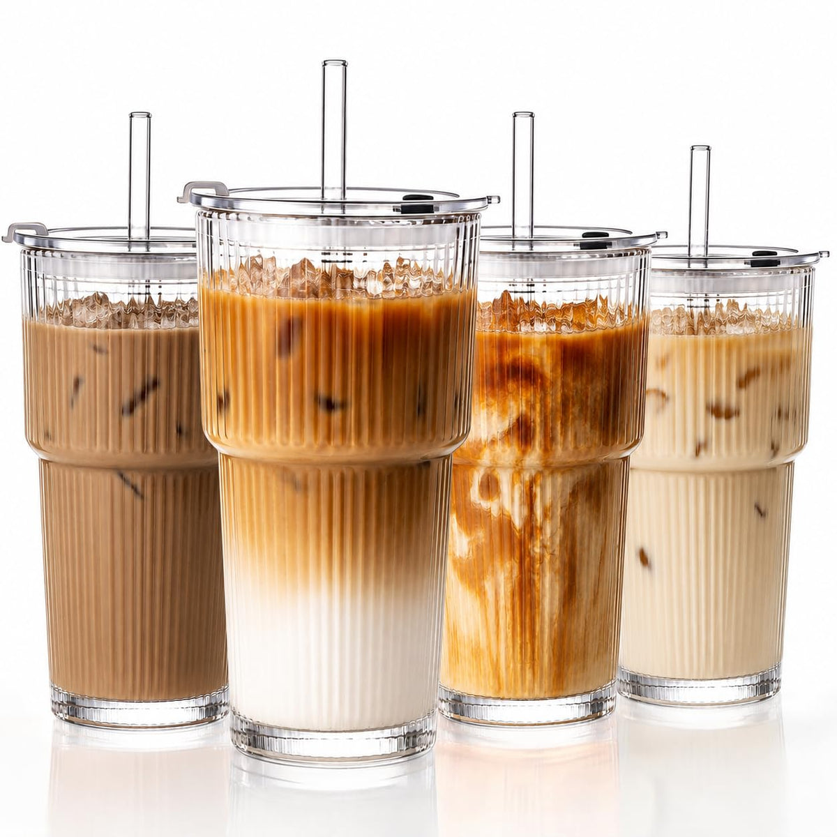 20oz Ribbed Glass Cups with Lids and Straws R5672