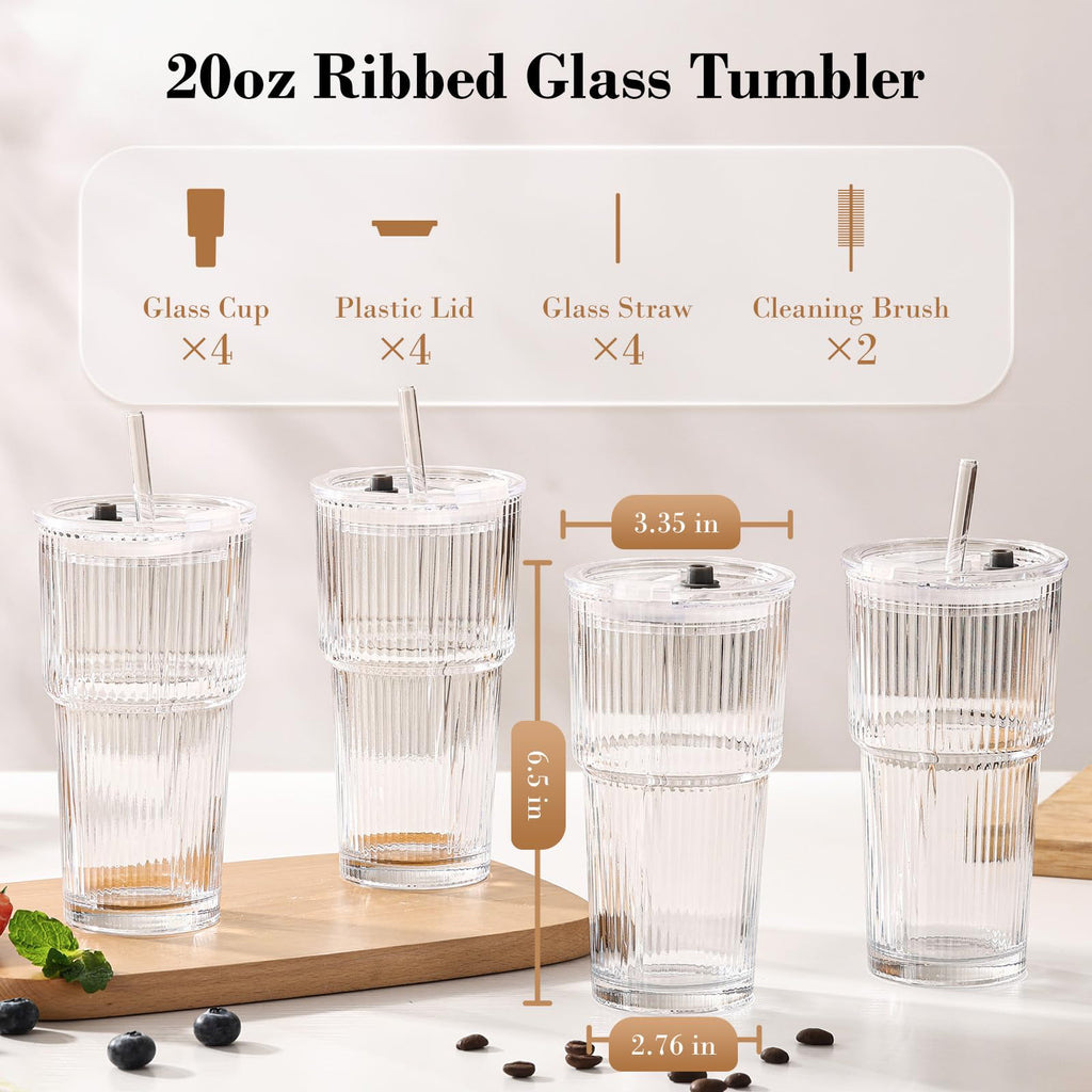 20oz Ribbed Glass Cups with Lids and Straws R5672
