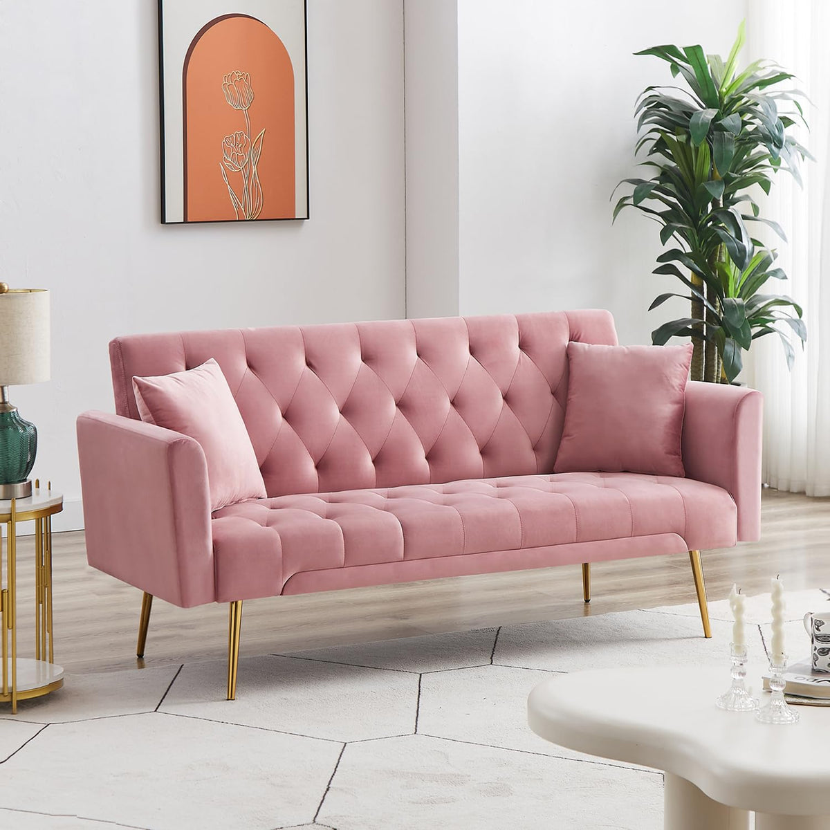 Pink Velvet Convertible Sleeper Sofa Bed X55087