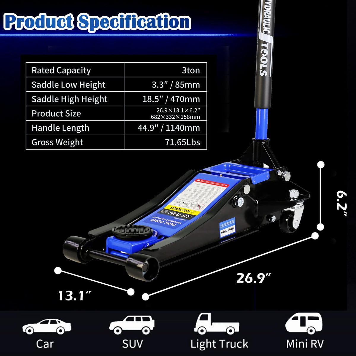 3 Ton Low Profile Hydraulic Steel Floor Jack J95911