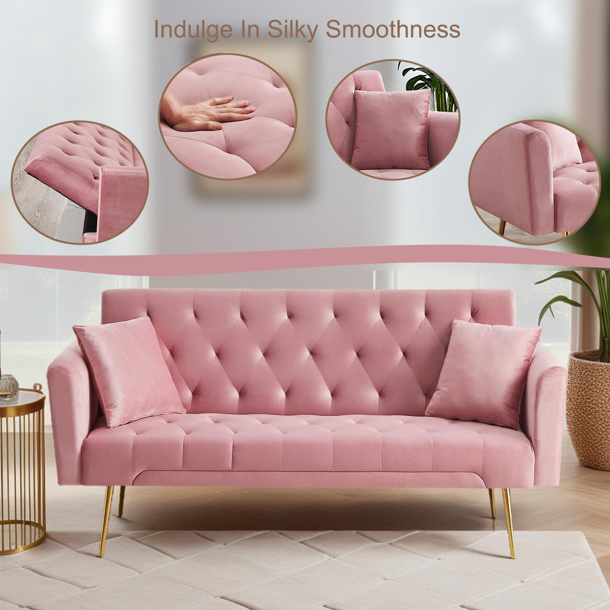 Pink Velvet Convertible Sleeper Sofa Bed X55087