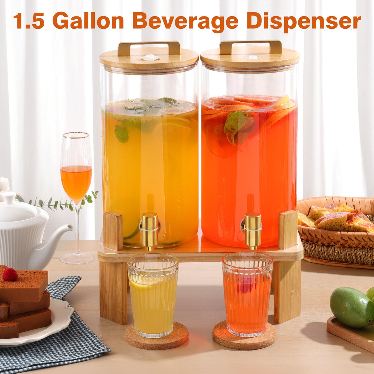 1.5 Gallon Glass Drink Dispenser with Wooden Stand I770625