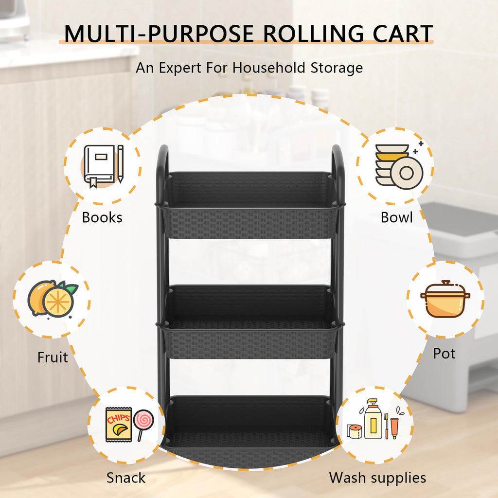 3-Tier Plastic Rolling Utility Cart with Handle K8404