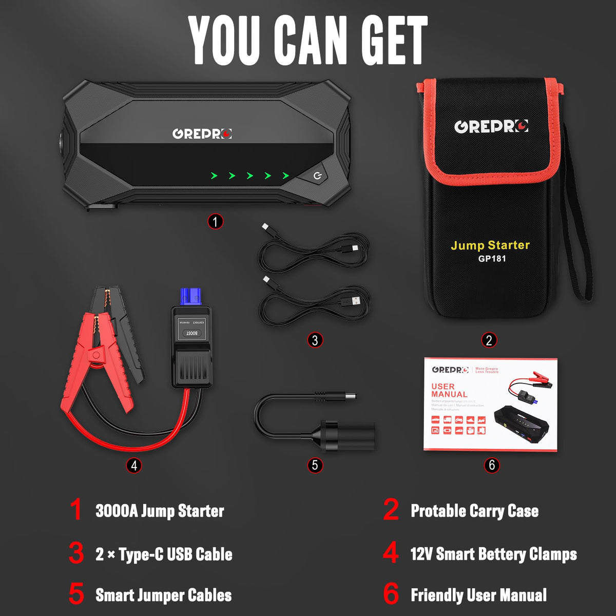 3000A 12V Jump Starter with Jumper Cables and LED Light P1184