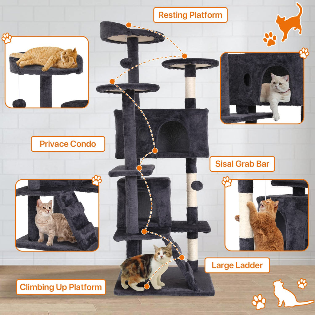 70 Inch Light Gray Cat Tree with 2 Condos, 3 Scratching Posts D91928