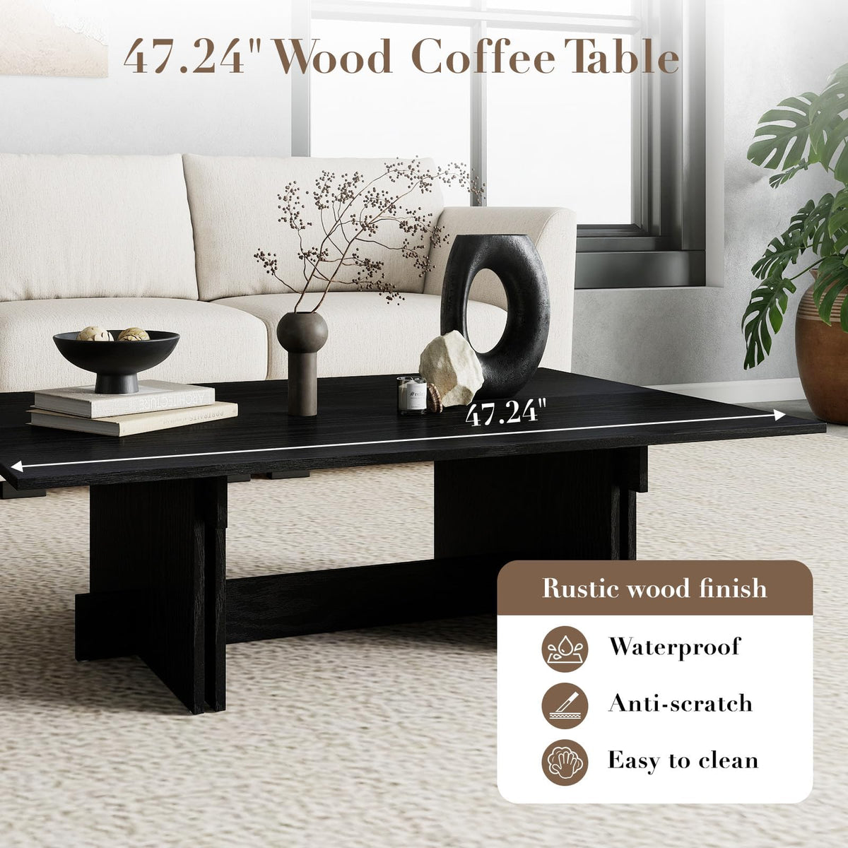 48" Rustic Wood Coffee Table with Geometric Base T87469