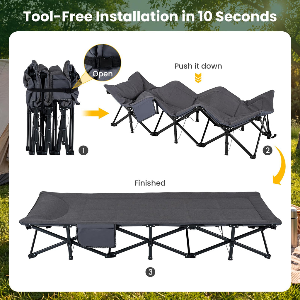 Camping Cot with Padded Pillow, Carry Bag, 600 lbs, Grey L6412