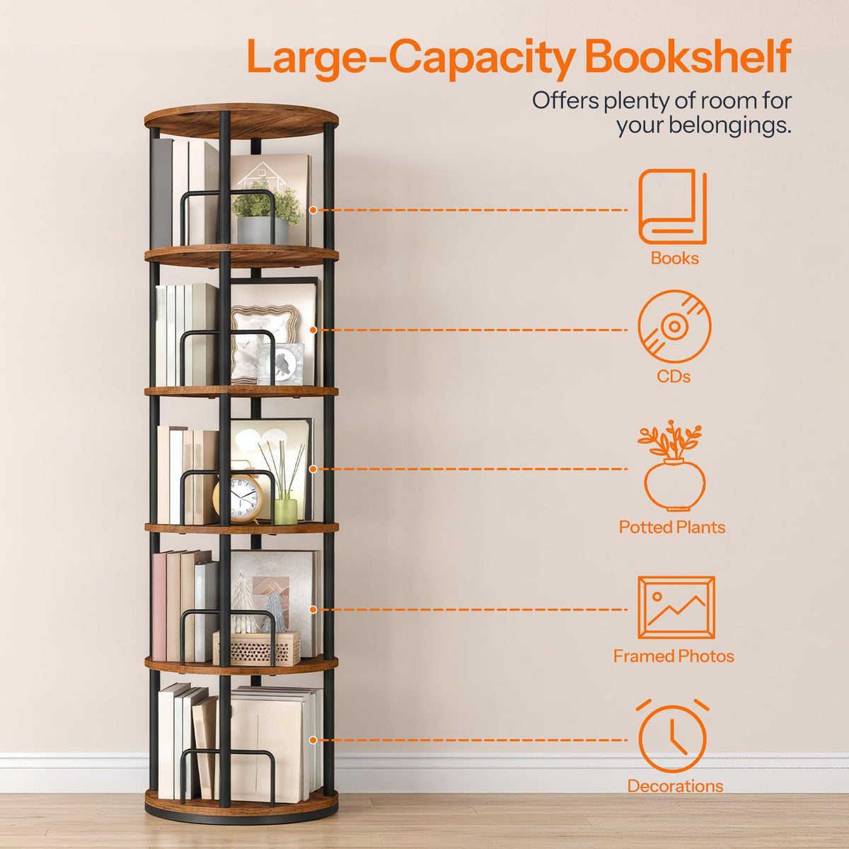 5-Tier Rotating Bookshelf, 360° Spinning Bookcase, Rustic Brown H605977
