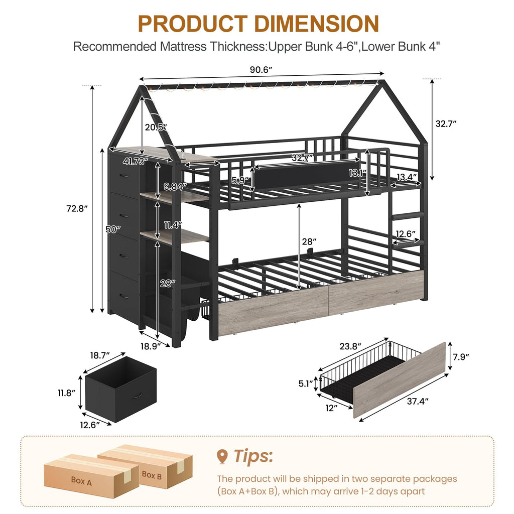 Twin Bunk Bed with Storage Bookshelf, 6 Drawers & USB N1048