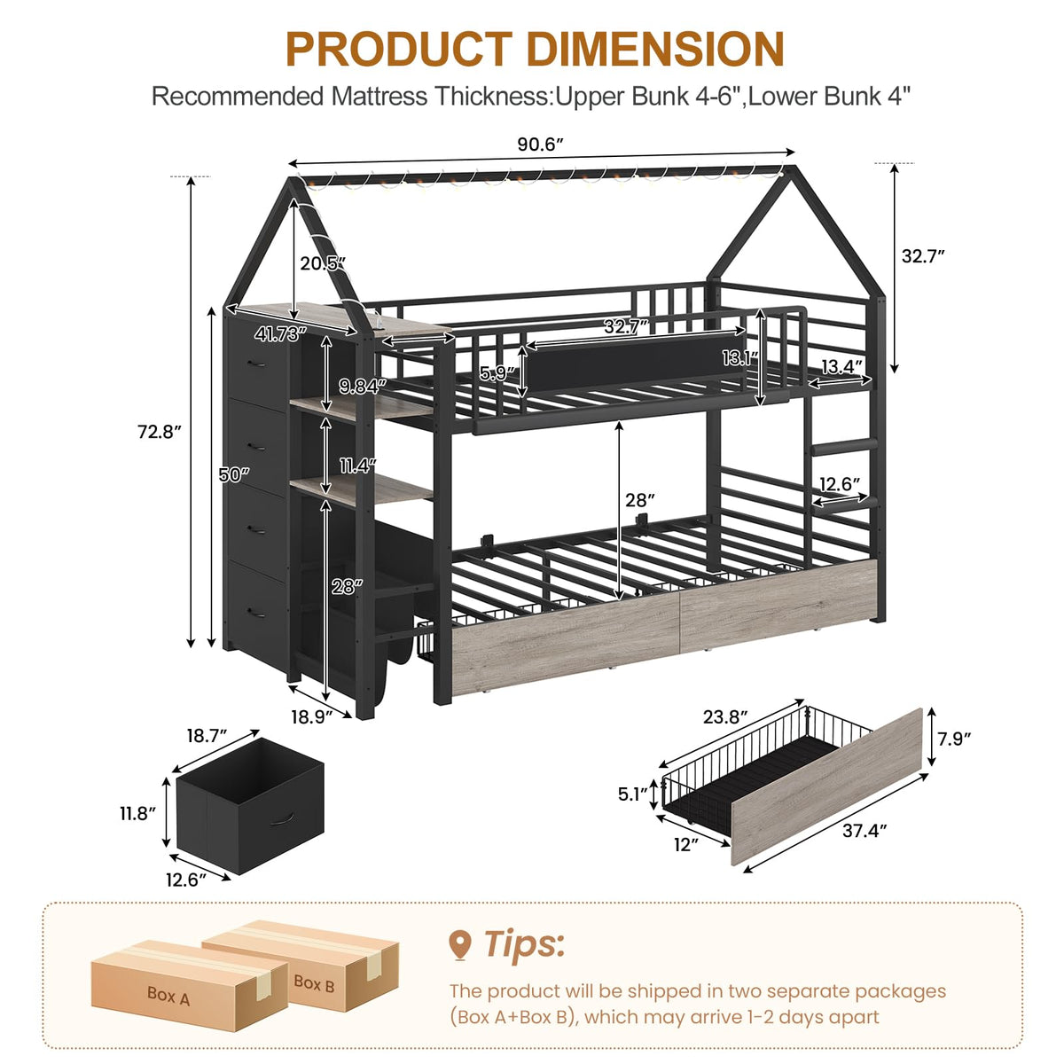 Twin Bunk Bed with Storage Bookshelf, 6 Drawers & USB N1048