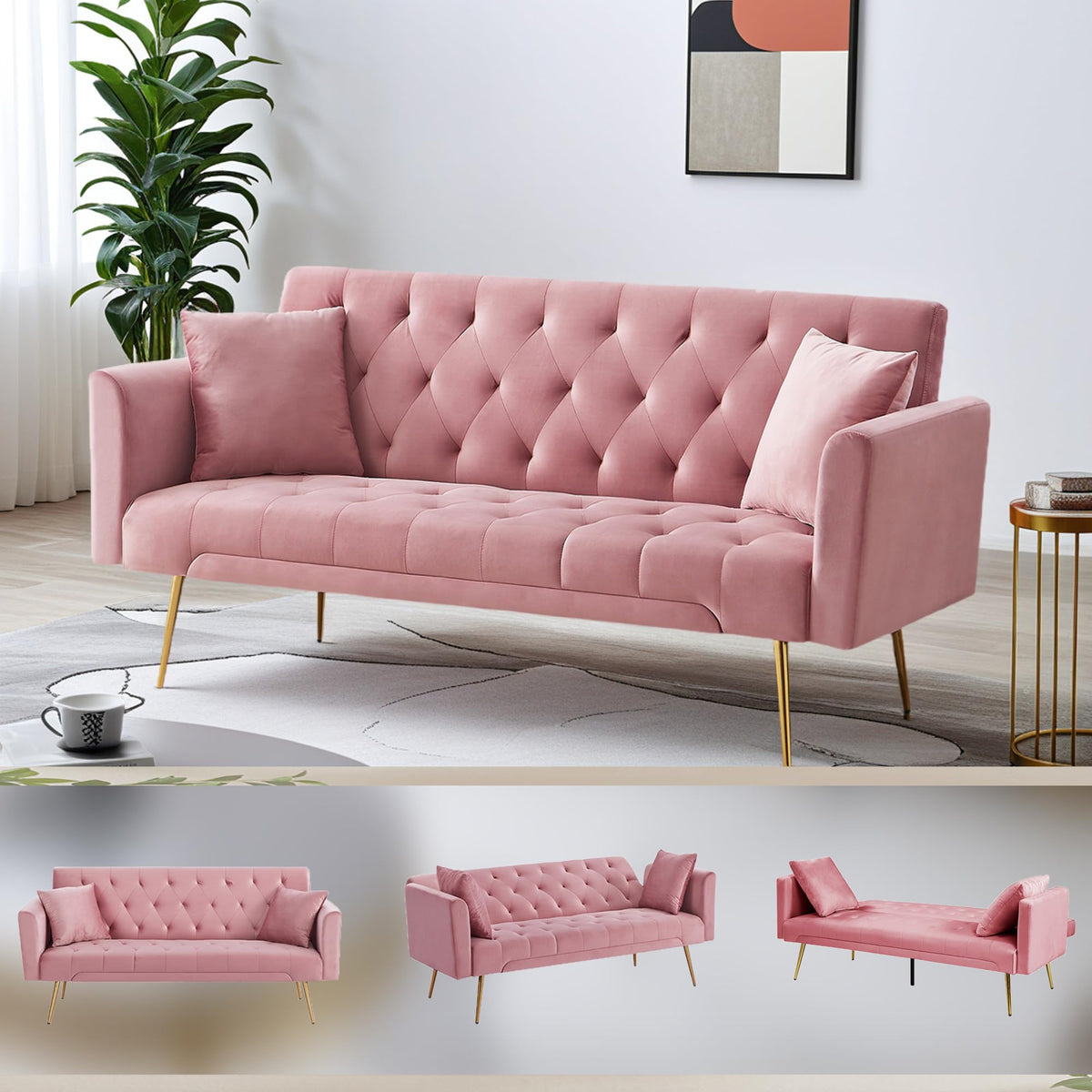 Pink Velvet Convertible Sleeper Sofa Bed X55087