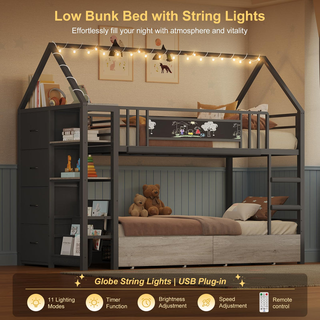 Twin Bunk Bed with Storage Bookshelf, 6 Drawers & USB N1048