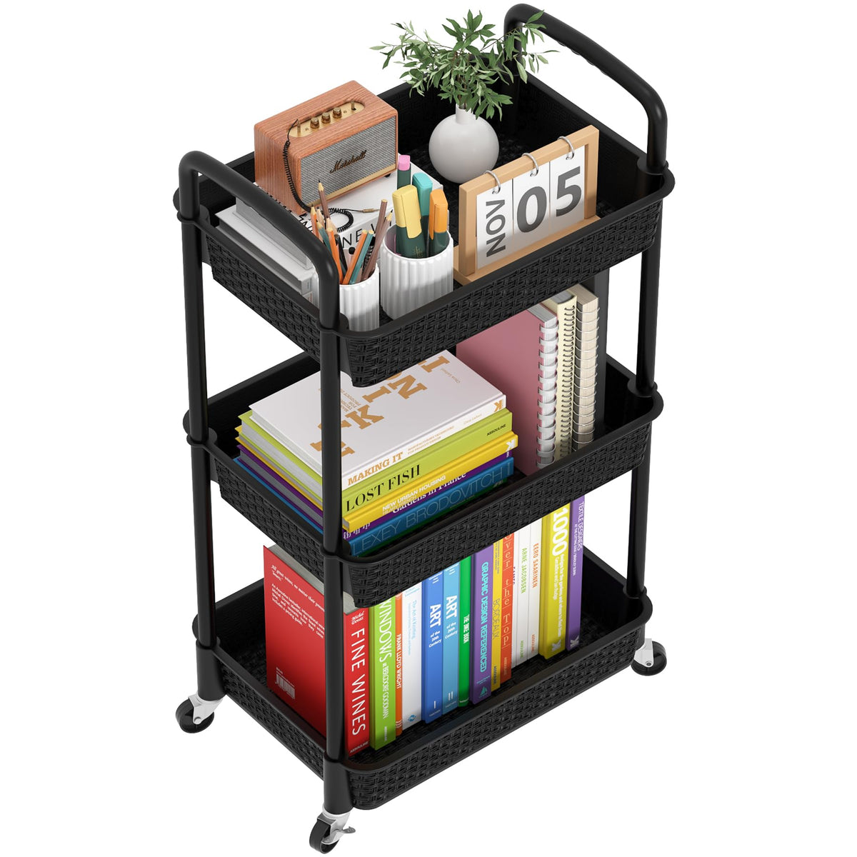 3-Tier Plastic Rolling Utility Cart with Handle K8404