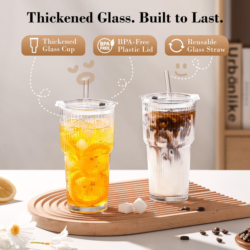 20oz Ribbed Glass Cups with Lids and Straws R5672