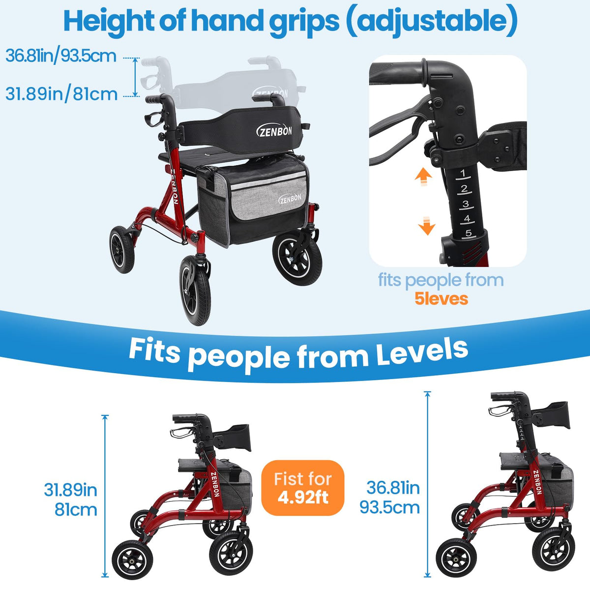 Foldable Rolling Walker with Seat 330 lbs Capacity 10 inch Wheels K4938