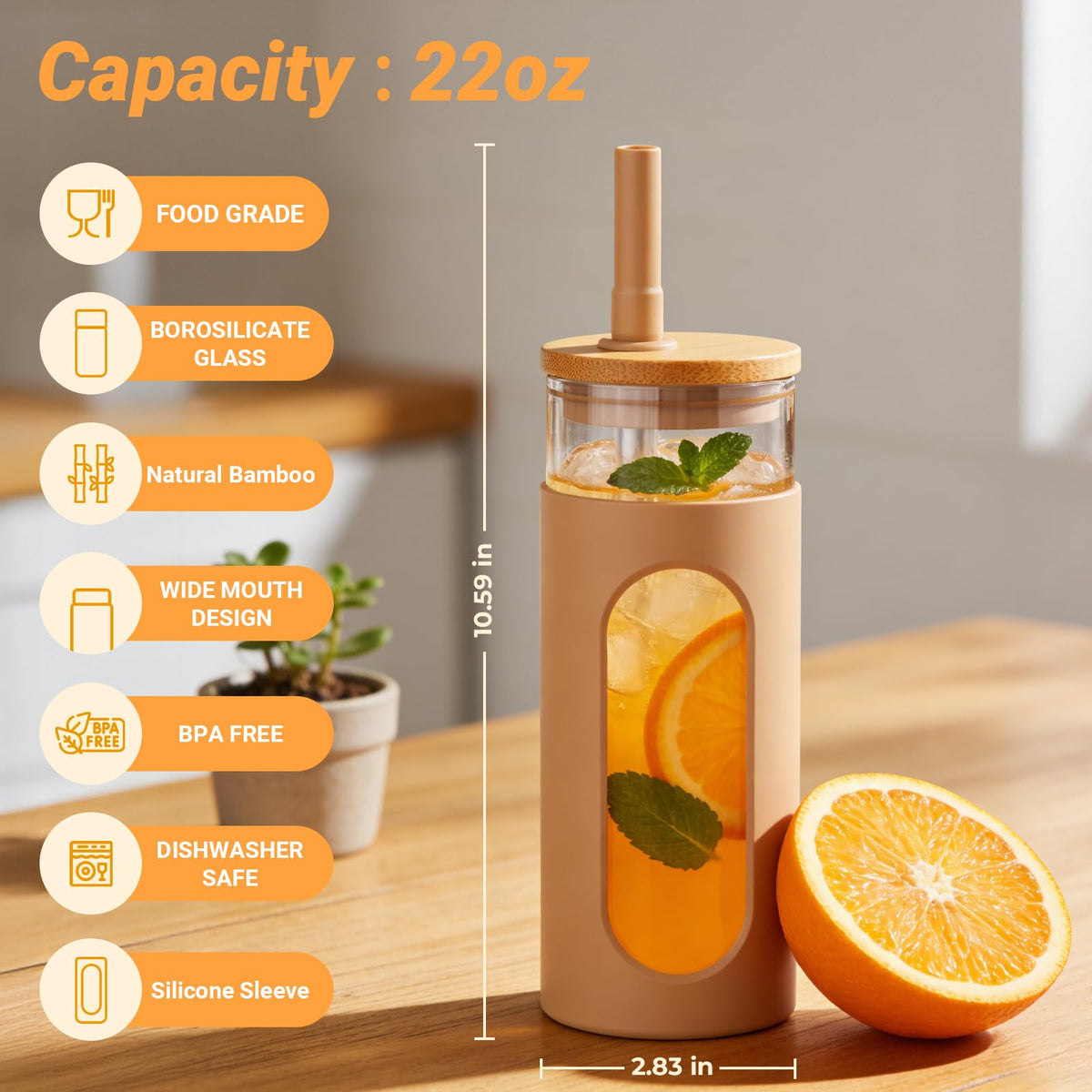 22 oz Glass Tumbler with Lid & Straw W2986