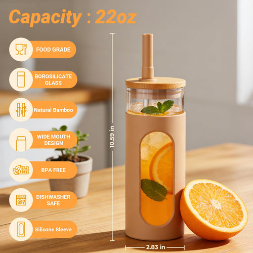 22 oz Glass Tumbler with Lid & Straw W2986