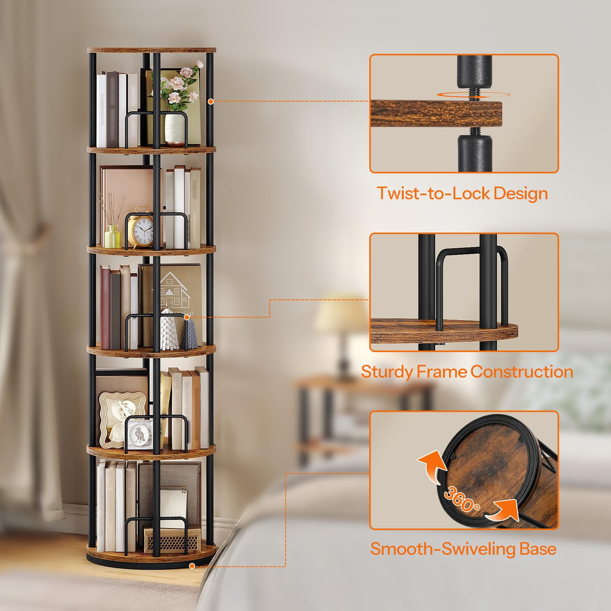 5-Tier Rotating Bookshelf, 360° Spinning Bookcase, Rustic Brown H605977