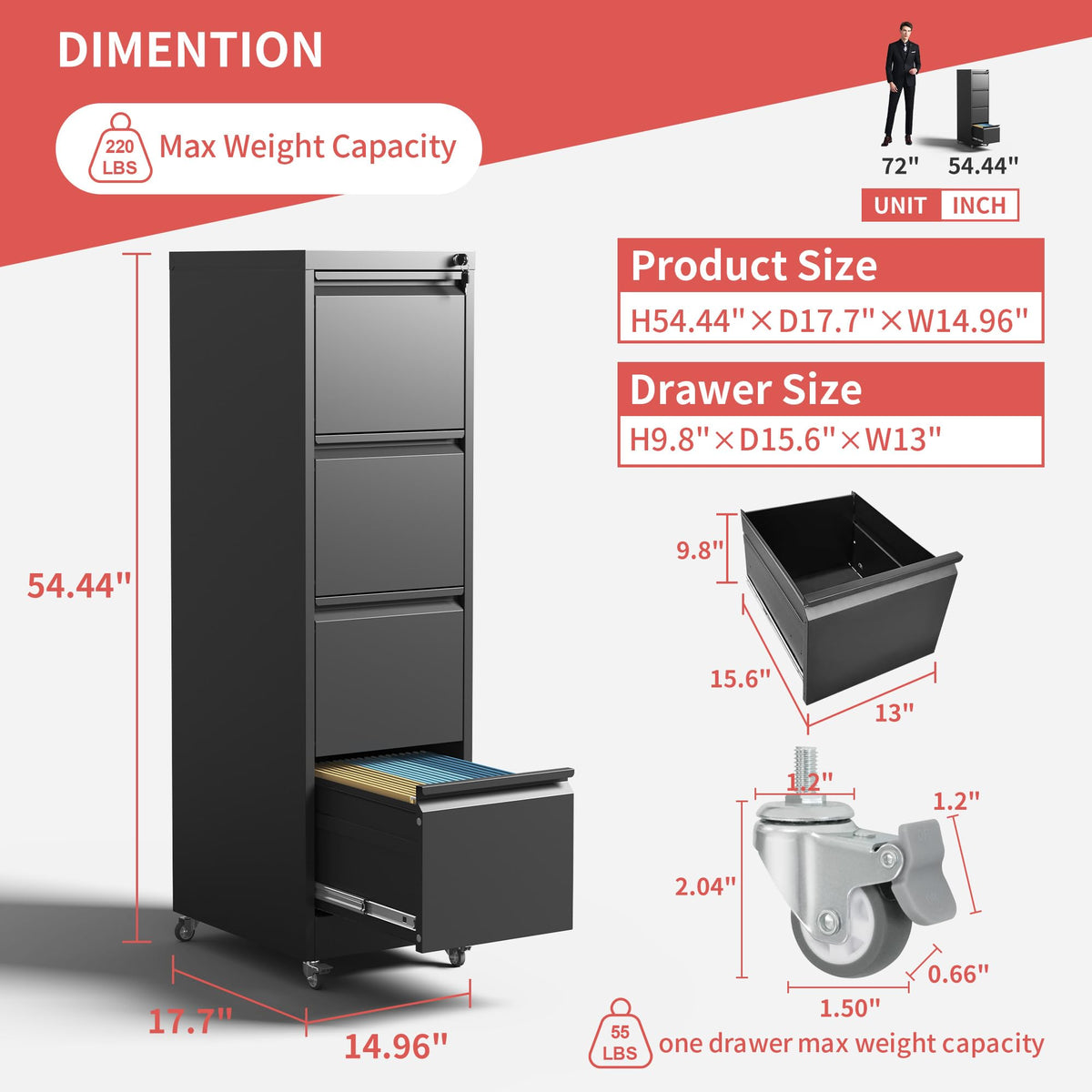 4 Drawer Black Metal File Cabinet with Lock V568494