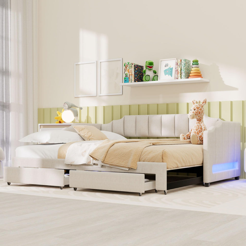 Twin XL to King Size Upholstered Daybed with Trundle and 2 Storage Drawers M223