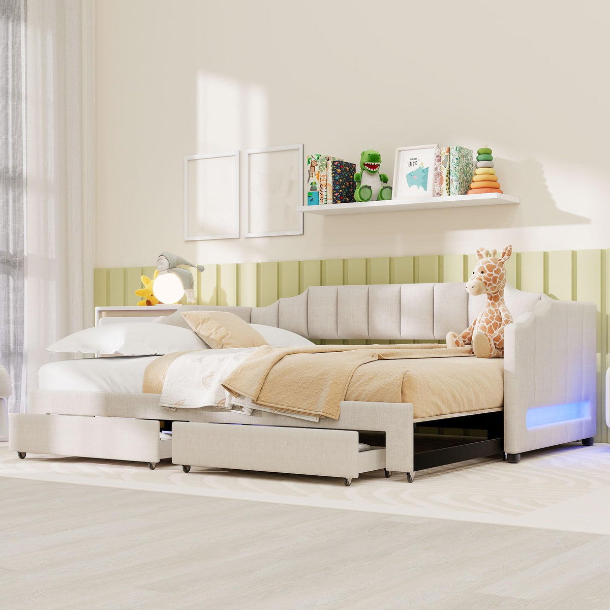 Twin XL to King Size Upholstered Daybed with Trundle and 2 Storage Drawers M223