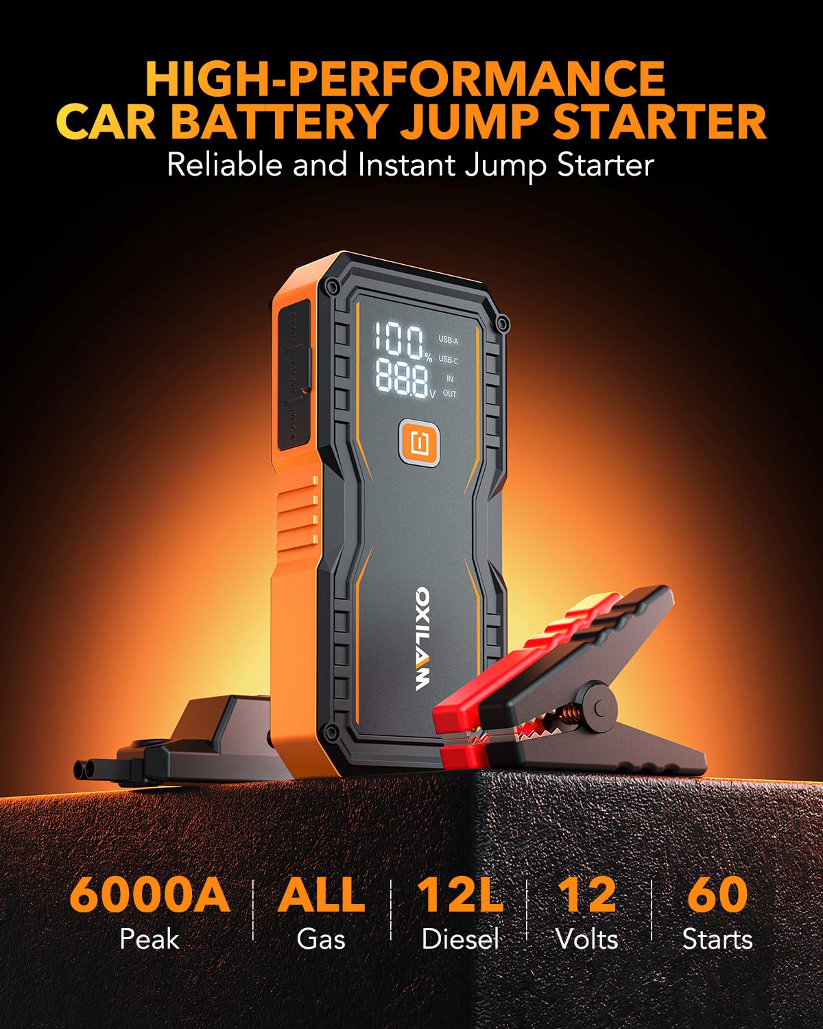 6000A Portable 12V Lithium Jump Starter with Jumper Cables M404