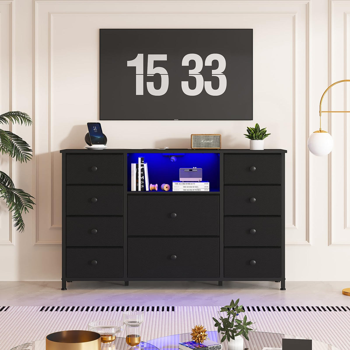 Black Dresser with Charging Station and LED Lights L100665