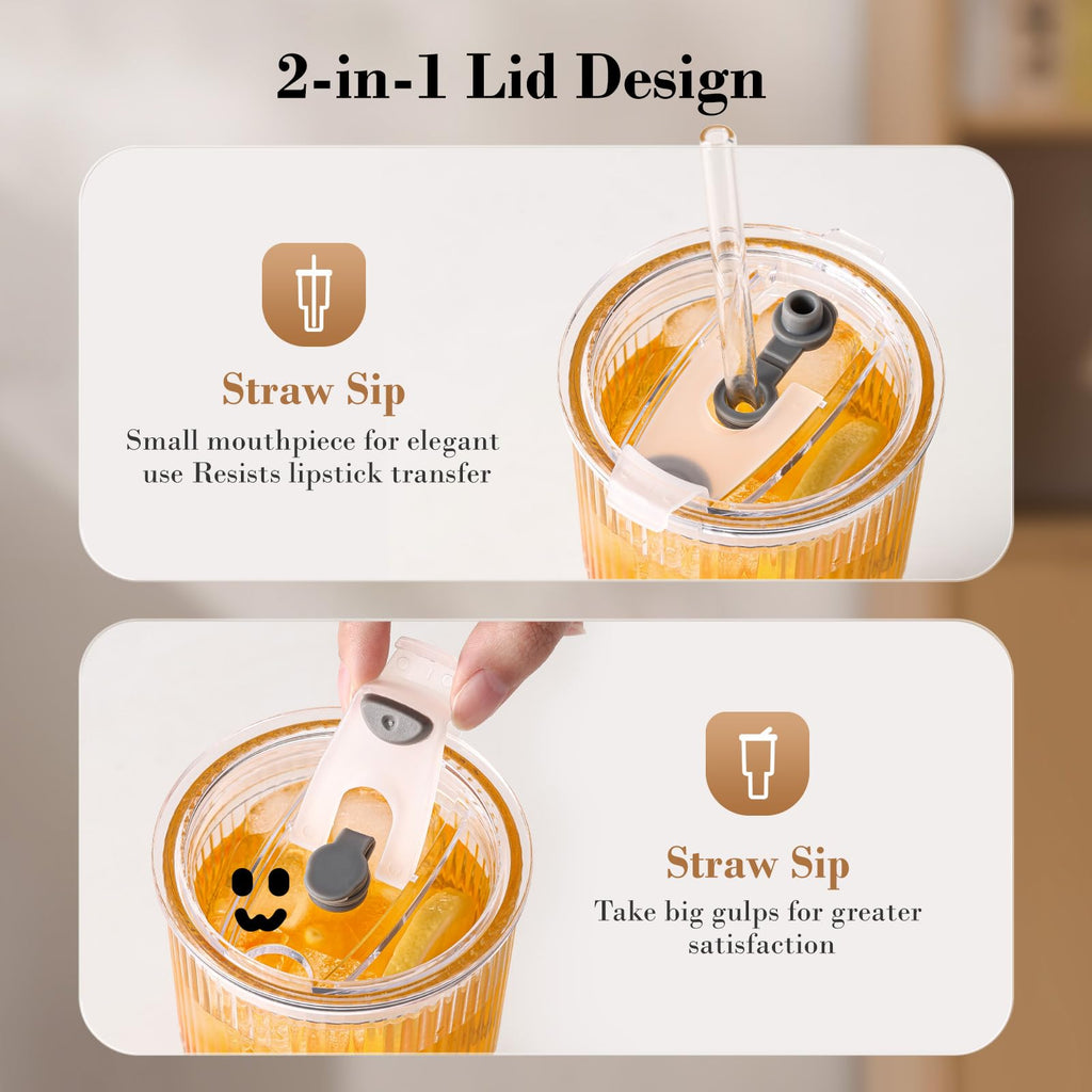 20oz Ribbed Glass Cups with Lids and Straws R5672